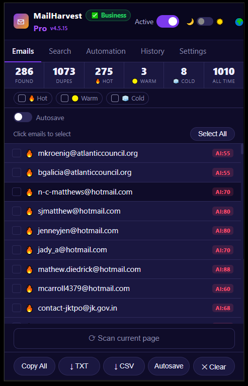 62,607 emails collected — MailHarvest Pro